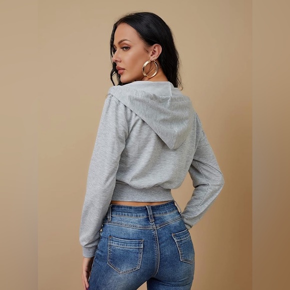 Milanpavilion Zip Up Cropped Grey Drawstring Hoodie Jacket Casual Long Sleeve - Picture 2 of 15
